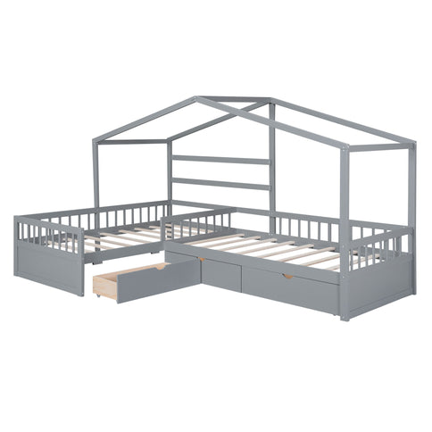 L Shape Platform Bed With 3 Storage Drawers