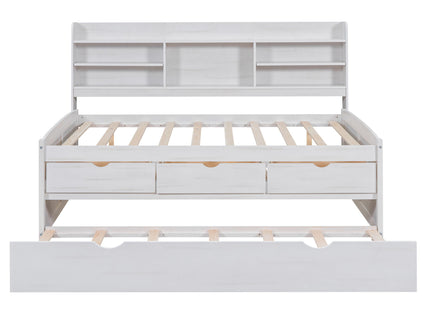 Captain Bed With Built In Bookshelves, 3 Storage Drawers, And Trundle