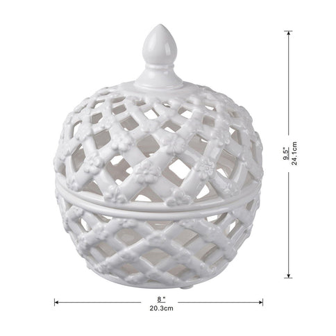 Ceramic Lidded Jar With Lattice Design - White