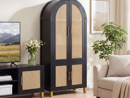 Tall Arched Cabinet With Rattan Doors & Adjustable Shelves
