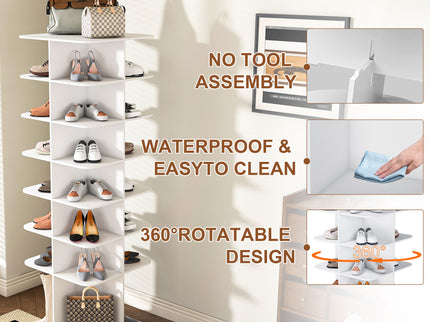 7 Tier Square Rotating Shoe Rack Tower With 360° Spinning Organizer - White