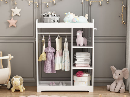 Dress Up Storage With Mirror And Hooks, Clothes Rack With Hanging Rod, 3 Side Hooks, Open Shelves, Top Shelf Organizer - White