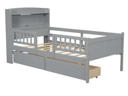 Platform Bed With LED Light, Multi Functional Headboard, Guardrail And 2 Drawers