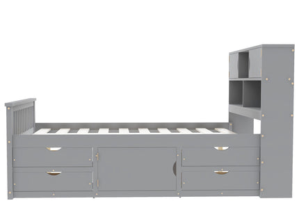 Captain Platform Bed Frame With Bookcase Headboard, 4 Drawers, Storage Shelves