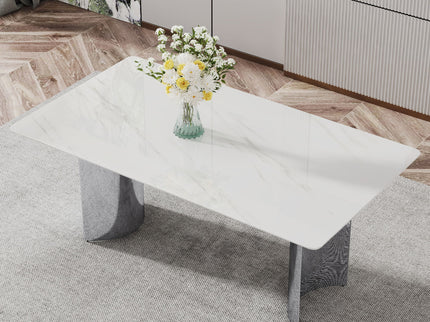 Modern Minimalist Dining Table With Imitation Marble Glass Desktop And Metal Legs