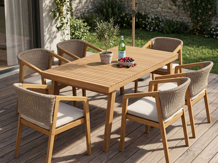 7 Piece Outdoor Dining Set With Rectangular Table And 6 Arm Chairs - Beige / Brown / Brown Mix / Light Teak
