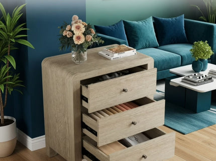 3 Drawer Chest Of Drawers With Soft Close Glides Rounded Corners Handles - Natural