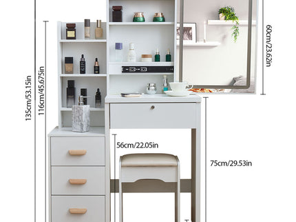 Vanity Set With LED Mirror, Storage Dressing Table & Cushioned Stool - Cream White