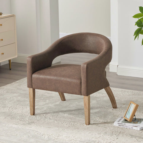 Upholstered Open Back Armchair With Weathered Rubberwood Legs