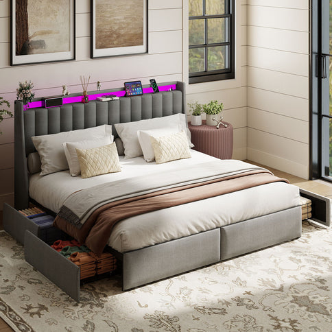 King Upholstered Bed Frame With 4 Storage Drawers, RGB LED Lights & USB / Type-C Charging Station, No Box Spring Needed - Gray