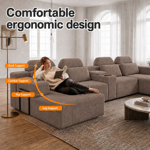 U-Shaped Sectional Sofa With Chaise Lounge And Cup Holders