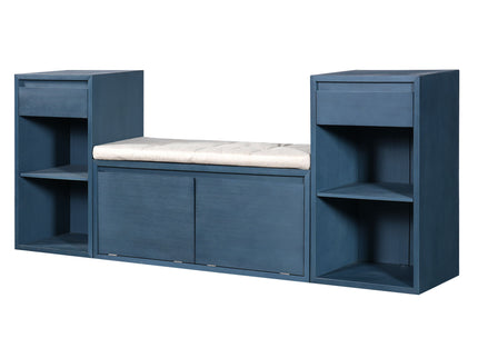 Entryway Storage Bench With Cushion, Drawers & Open Shelves