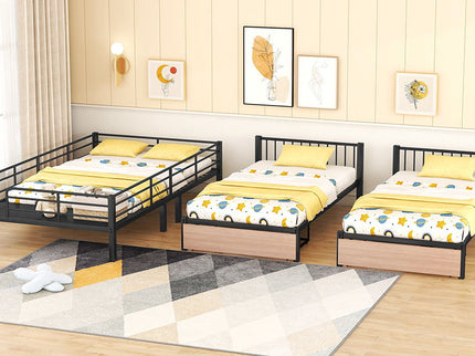Triple Bunk Bed With Drawers, Multi-Functional Frame With Desks And Shelves In The Middle
