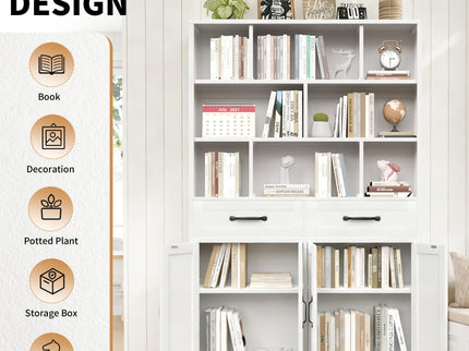 Bookcase Tall With 2 Doors & 2 Drawers, Fixed Open Shelves - White