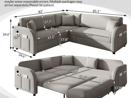 L-Shaped Couch With Pull-Out Bed, Oversize Convertible Sleeper Sofa With Side Pocket & USB Port