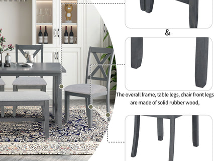 Foldable Dining Set For 6 With 4 Chairs And Bench, Space Saving Design - Gray