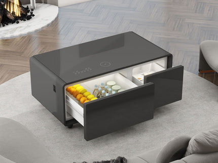 Modern Smart Coffee Table With Built-In Fridge - tooth Speaker, Wireless Charging, Touch Control Panel, USB Interface, Outlet Protection, Atmosphere Light
