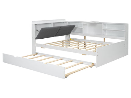 Platform Bed With Trundle, Shelves, And Storage Headboard