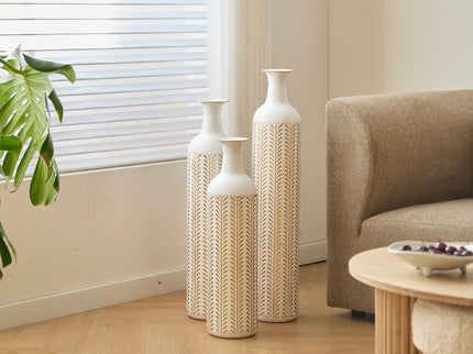 Floor Metal Vase Modern Style Decoration Home Metal Vase 3 Piece Set Gorgeous Home Decoration Large Glazed Metal Vase - Gold / White