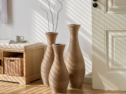 3 Piece Artificial Rattan Floor Vase Set Decorative Accent For Living Room, Hallway & Entryway, Ideal For Dried Or Silk Flower Arrangements - Beige