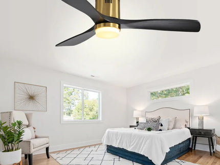 Flush Mount Ceiling Fan With 3 Solid Wood Blades Remote Control Reversible DC Motor For Living Room - Gold