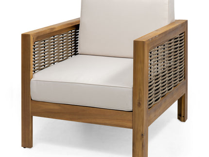 Outdoor 4 Seater Acacia Wood Chat Set With Wicker Accents And Cushions - Teak / Mixed Brown / Beige