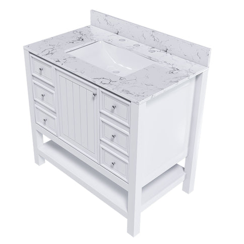 37" Bathroom Vanity With Artificial Marble Carrara Top, Multi Functional Cabinet With Doors And Drawer - White