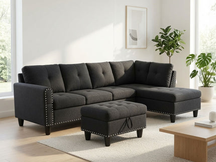 L - Shaped 3 Piece Sectional Sofa With Chaise, Storage Ottoman & Cup Holders
