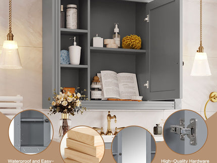 Wall Mounted Bathroom Storage Cabinet With Mirror, Cabinet With 6 Open Shelves And Adjustable Interior