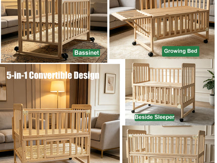 Portable Mini Baby Crib 5 In 1 Convertible With Foldable Storage - Natural Wood