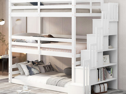 Twin Size Triple Bunk Bed With Storage Staircase, Separate Design - White