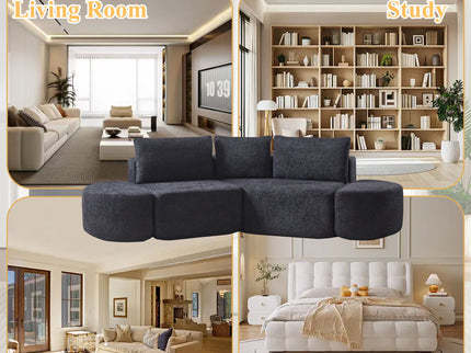 V - Shaped Modular Sofa Set & 3 Pillows And 2 Curved Ottomans For Living Rooms - Black
