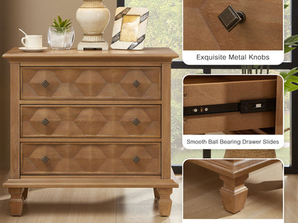 Nightstand With Charging Station, 3 Drawer Bedside Table - Natural Wood