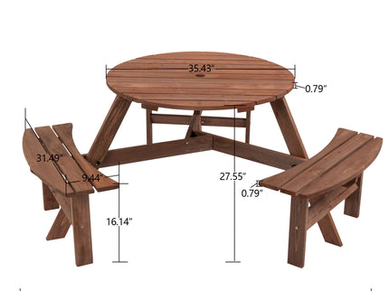 6 Person Circular Outdoor Wooden Picnic Table For Patio, Backyard, Garden, Diy With 3 Built-In Benches, 1720Lb Capacity