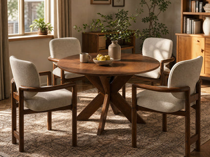 5 Piece Indoor Dining Set, Round Table & 4 Brown Arm Chairs - Beige / Brown / Cherry