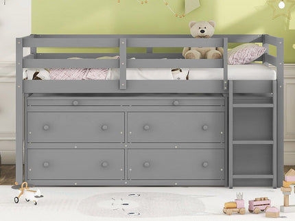 Loft Bed With Retractable Writing Desk And 4 Drawers, With Lateral Portable Desk And Shelves
