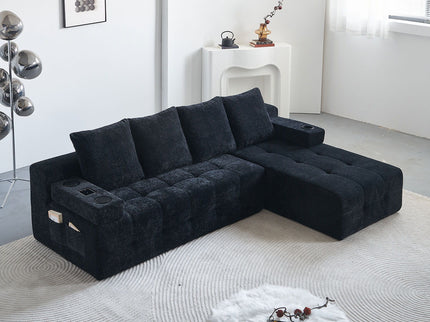 L - Shaped Sectional Sofa With Side Pockets, Wireless Charging, USB Ports, Cup Holder, Bluetooth Speaker, Reversible Lounge Chaise - Black