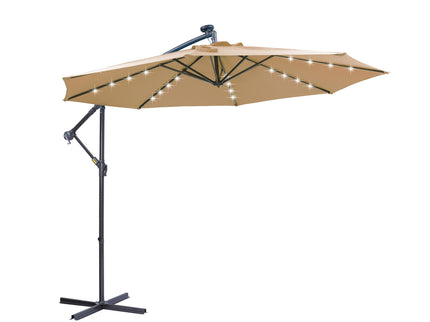 Outdoor Cantilever Patio Umbrella With 32 LED Lights 10 Ft Hanging Design Easy Open Adjustment Metal Frame - Taupe