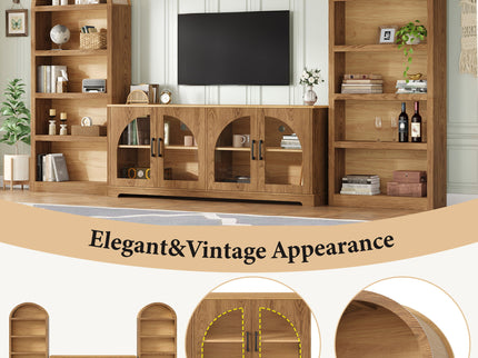 3 Piece TV Stand Set With Bookshelf With Arched Design For Living Room - Brown