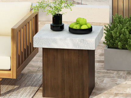 Mgo Square Side Table With Faux Stone Top And Wood Frame - Antique White / Natural Wood