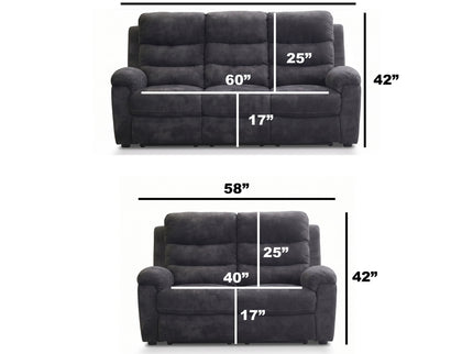 2 Piece Reclining Sofa Set, 3 Seat Sofa & 2 Seat Loveseat, 150° Recline - Dark Gray