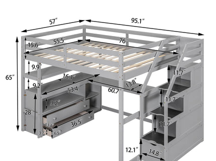 Loft Bed With Desk, Shelves, 2 Drawers, Storage Staircase