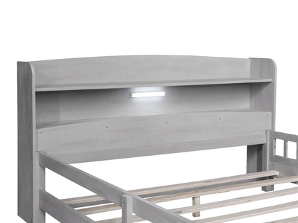 Wood Platform Bed With Built In LED Light, Storage Headboard And Guardrail