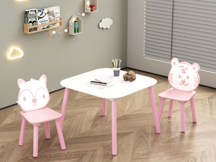 Table And Chair Set, 3 Piece Wooden Toddler Desk With Animal Backrest - Pink / White