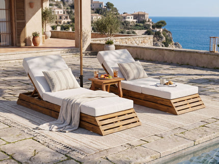 Chaise Lounge Set With 4 Fold Cushion And Built In Headrest, 3 Position Adjustable Backrest, For Patio - Beige / Teak