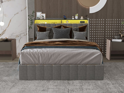 Bed With LED Lights, 4 Drawers, Winged Headboard Upholstered