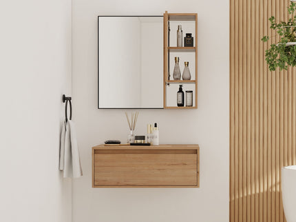 30" Wall Mounted Dressing Table With Mirror, Frame Storage Cabinet, Soft Close Door - Imitative Oak