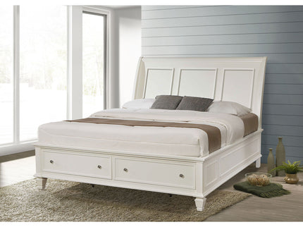 Dennis - Eastern King Storage Panel Bed With Carved Headboard And Built In Drawers - Cream White