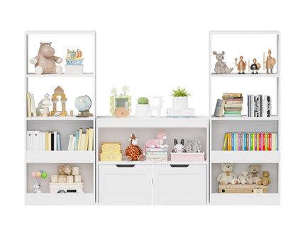 Book Organizer With Large Drawers And Open Shelves, Toy Storage Cabinet With Removable Wheels And Rounded Edges - White