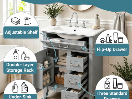 Modern Bathroom Vanity With Sink, Flip Drawer & 3 Drawers, Soft Close Hinges, Adjustable Shelf